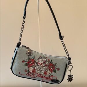 Ed Hardy light blue denim clutch with Red and Green Embroidery